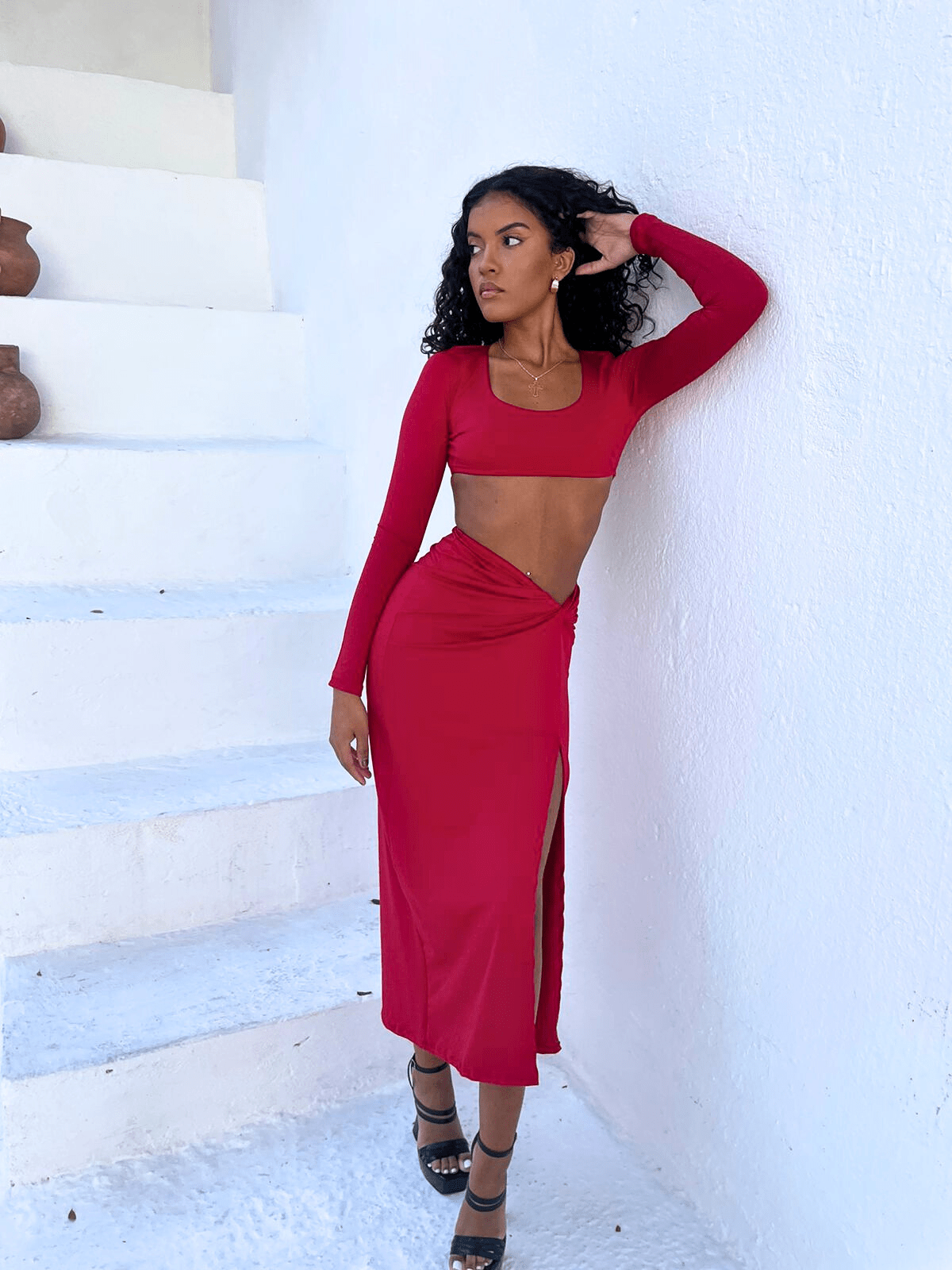 CONJUNTO TOP MANGA LONGA-VERMELHO